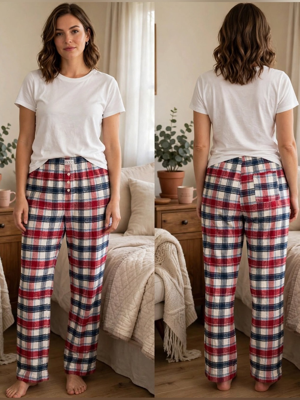 Cotton On Body Womens Petite Red, Navy & White Plaid Lounge Pants